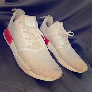 Adidas NMD all white suede with red accent
